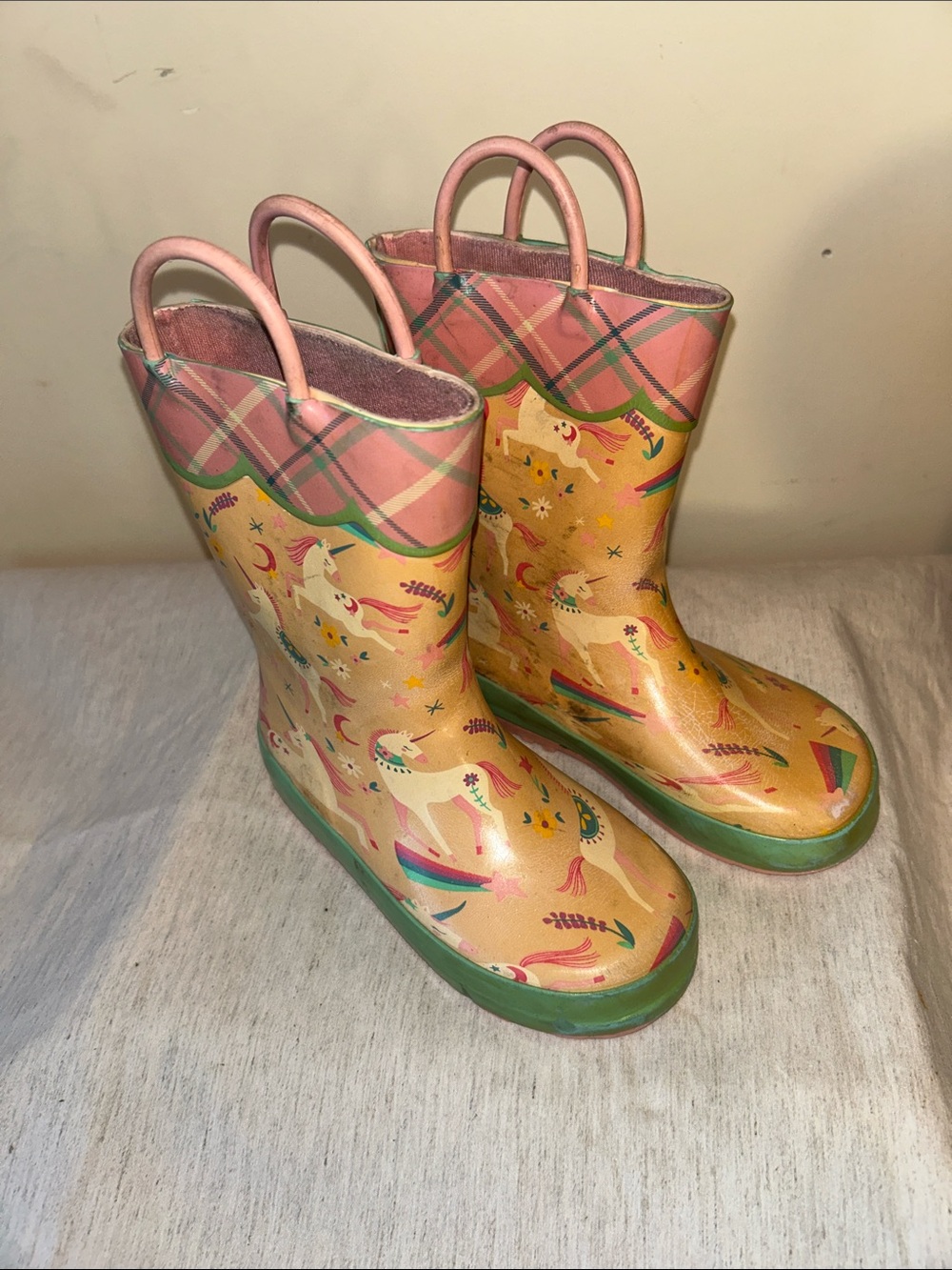 Kids Unicorn Print Yellow Rain Boots with Pink Trim